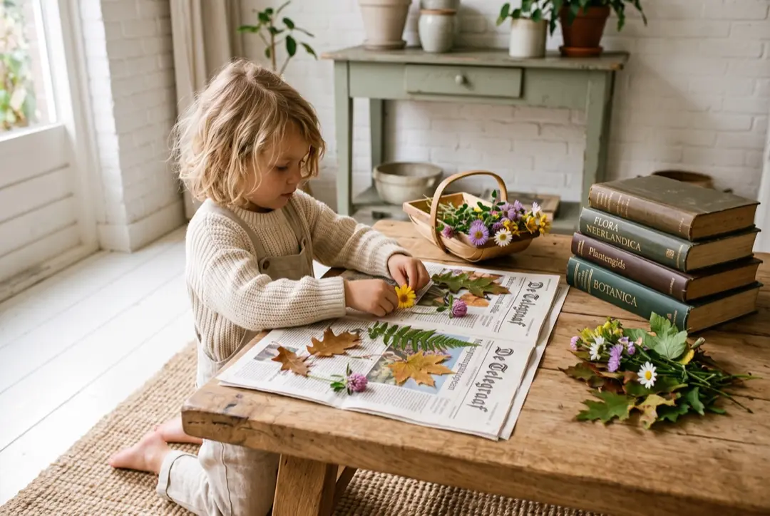 Bloemen persen tussen zware boeken