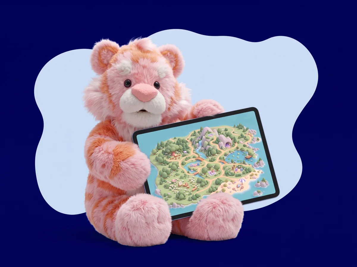 Tigor houdt een iPad vast met het eiland van Fuzzie Friends World