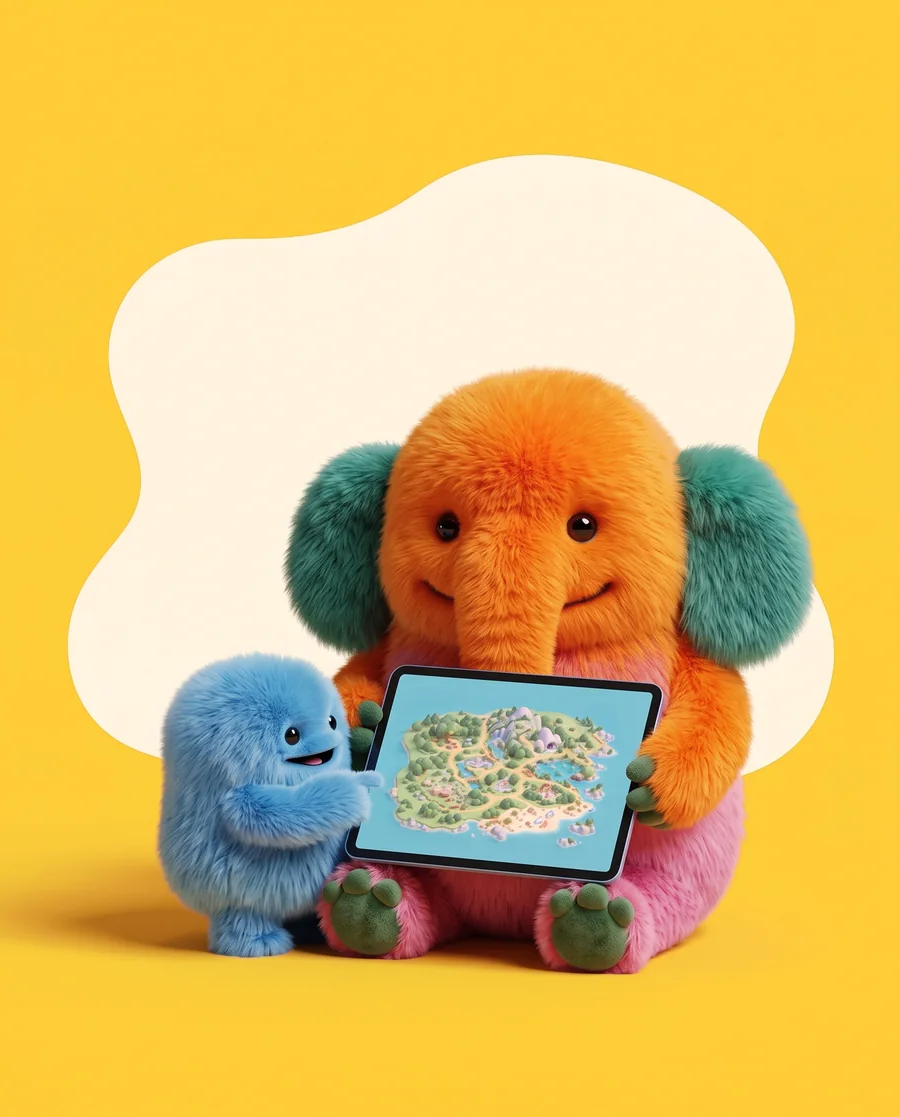 Ollie en Beep kijken samen naar het eiland van Fuzzie Friends World op de iPad