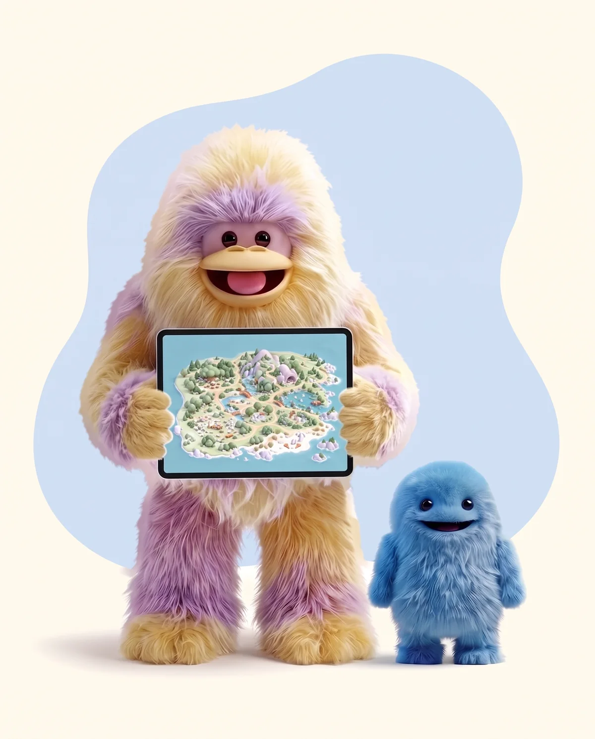 Gowiwa laat op de iPad het eiland van Fuzzie Friends World zien, Beep kijkt vrolijk mee