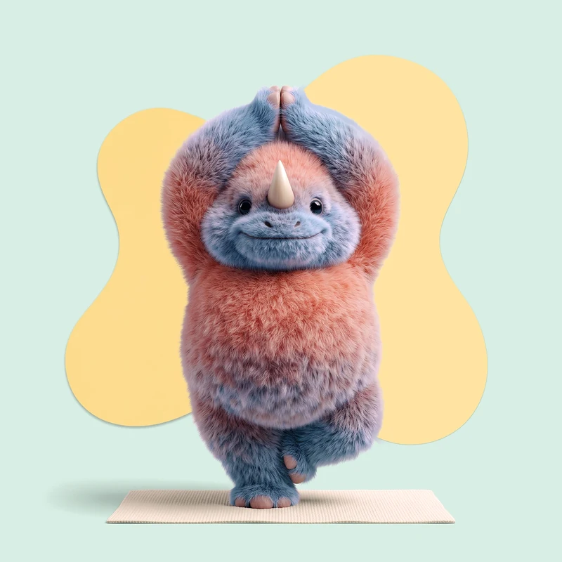 Rino staat op een yogamatje in de boomhouding, met zijn armen omhoog