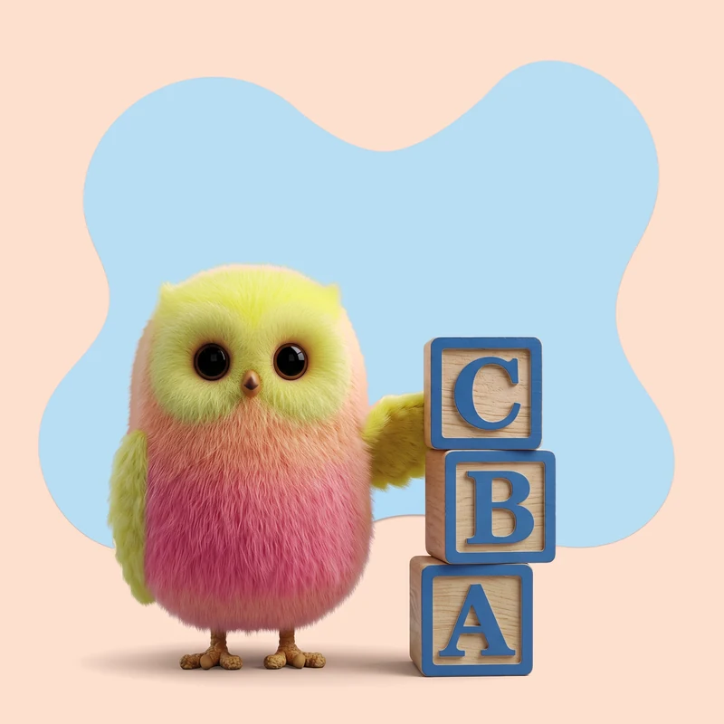 Owl staat naast drie houten letterblokken met de letters A, B en C