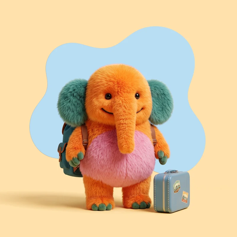 Ollie staat klaar voor een reisje, met een rugzak op en een koffertje naast zich