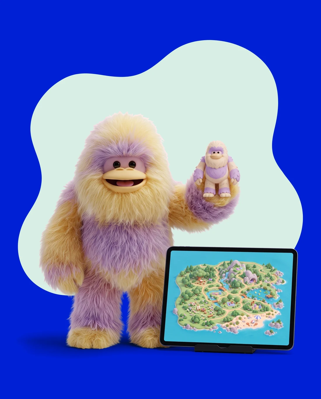 Gowiwa houdt zijn eigen speelfiguur omhoog, naast een iPad met het eiland van Fuzzie Friends World