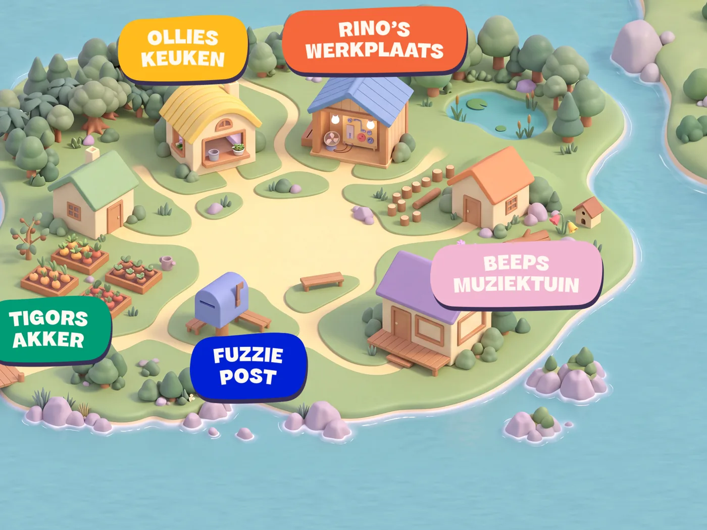 De kaart van Fuzziedorp met Ollies keuken, Rino's werkplaats en Beeps muziektuin