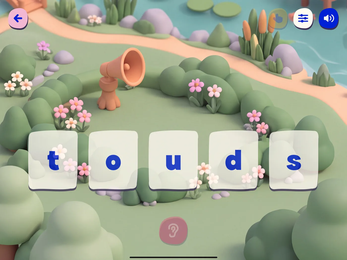 De Klankentuin: letterblokjes in een tuin met een luisterhoorn