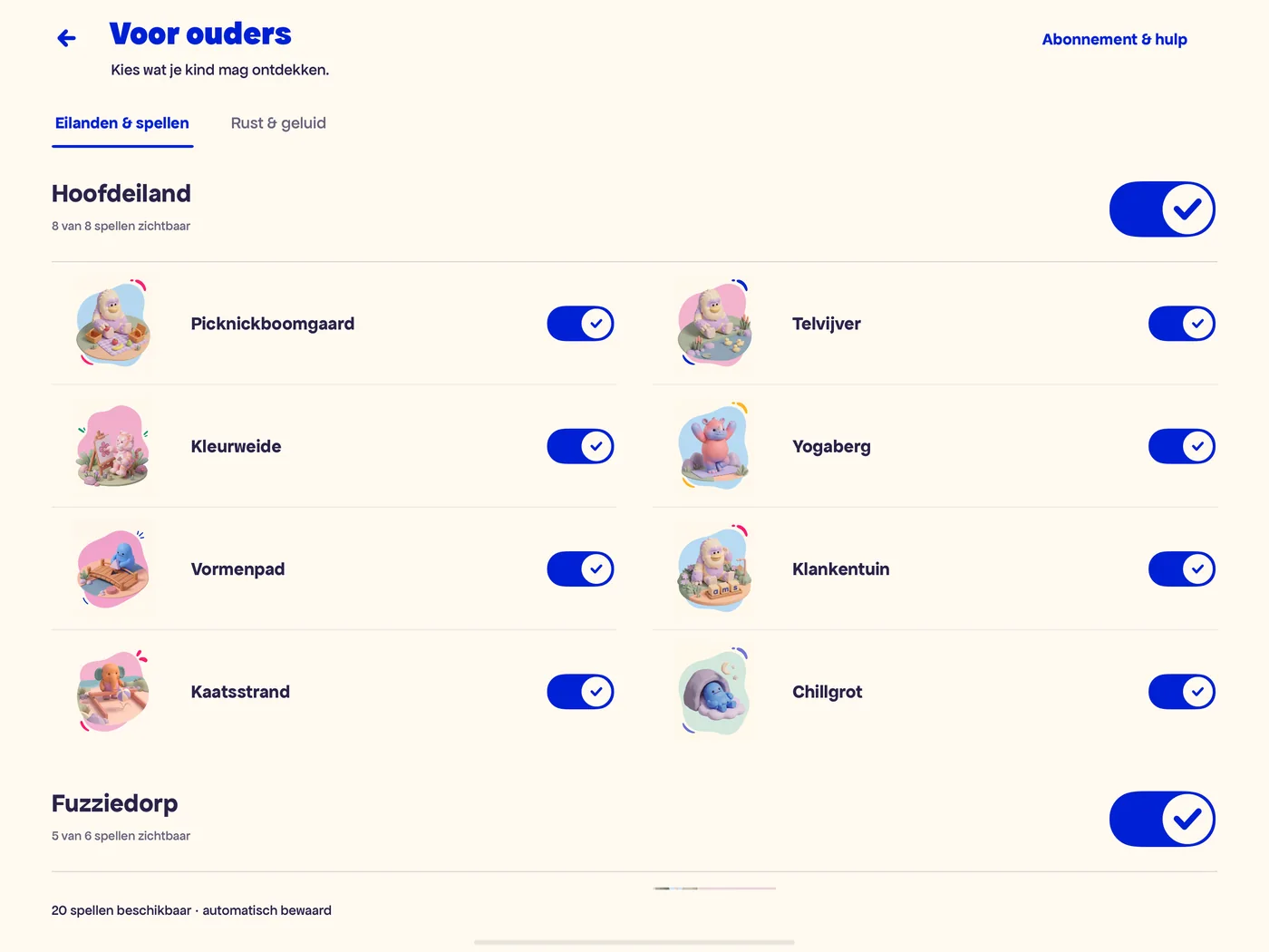 Het oudermenu: per eiland en per spel een schakelaar om aan of uit te zetten