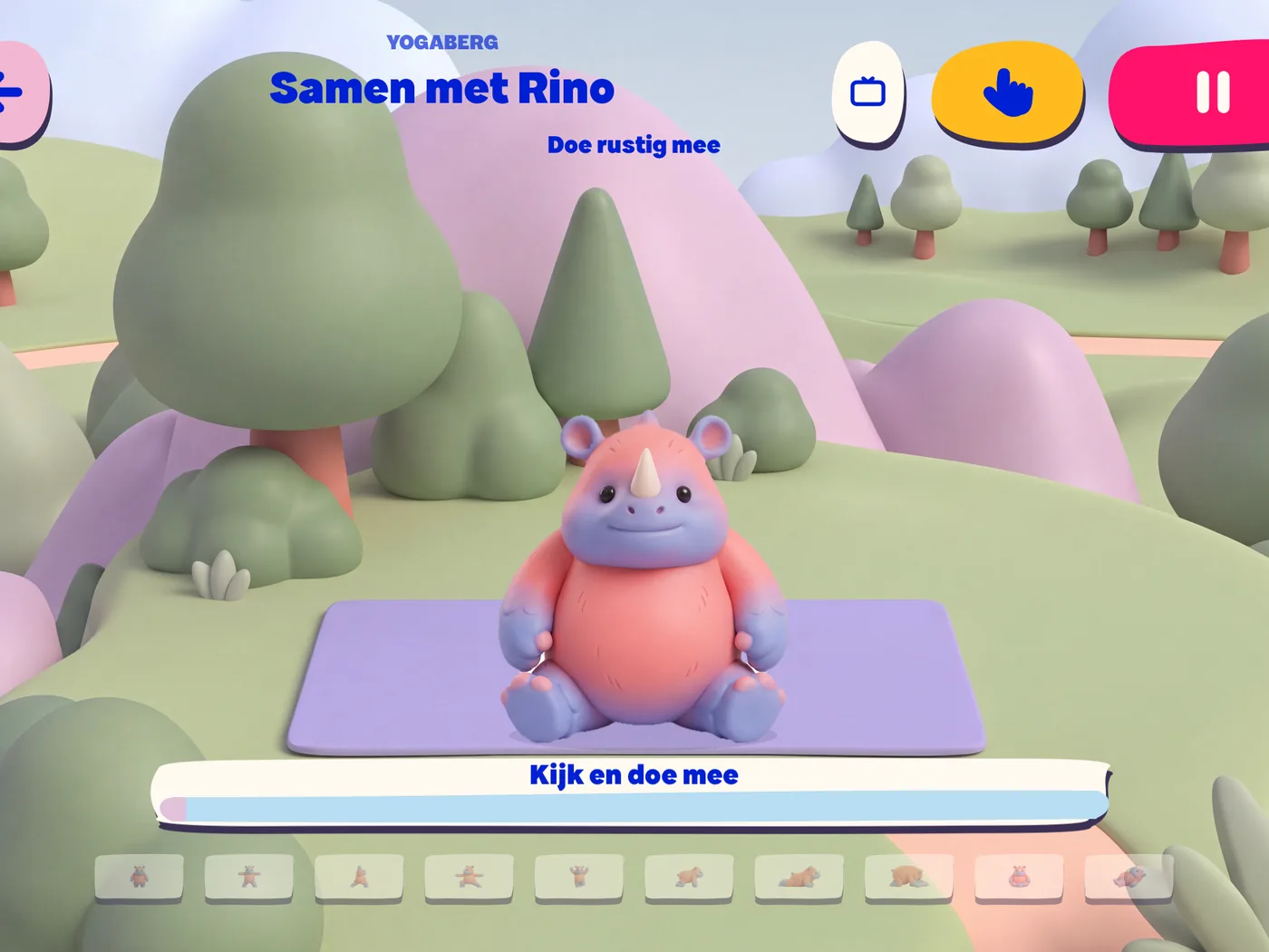 De Yogaberg: Rino zit op zijn yogamatje, met de tekst kijk en doe mee